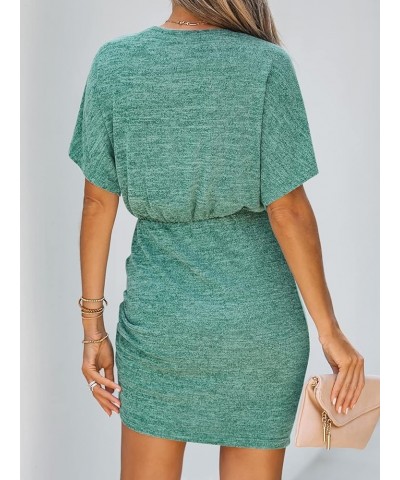 Women's Knit Ruched Drawstring Dress Short Dolman Sleeves Round Neckline Dresses Casual Summer Green $20.79 Dresses