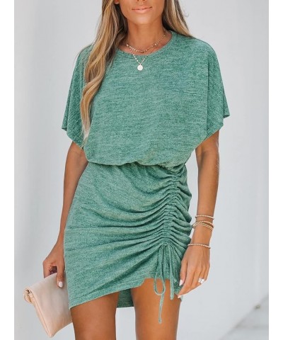 Women's Knit Ruched Drawstring Dress Short Dolman Sleeves Round Neckline Dresses Casual Summer Green $20.79 Dresses