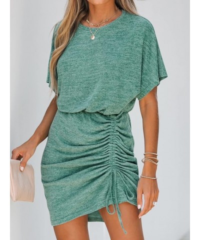 Women's Knit Ruched Drawstring Dress Short Dolman Sleeves Round Neckline Dresses Casual Summer Green $20.79 Dresses