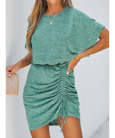 Women's Knit Ruched Drawstring Dress Short Dolman Sleeves Round Neckline Dresses Casual Summer Green $20.79 Dresses