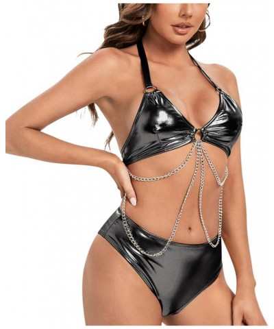 Rave Outfits for Women - Metallic Holographic Body Chain Harness Top High Waist Bottom Festival Dance Bikini Set Black $12.63...