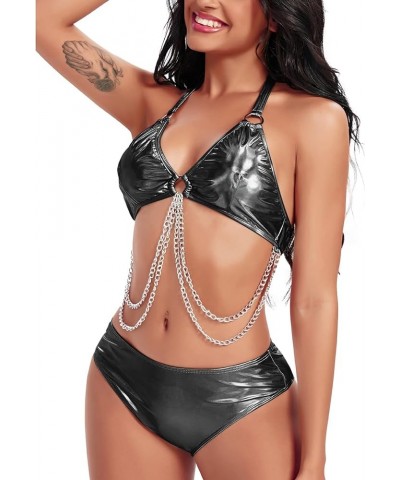 Rave Outfits for Women - Metallic Holographic Body Chain Harness Top High Waist Bottom Festival Dance Bikini Set Black $12.63...