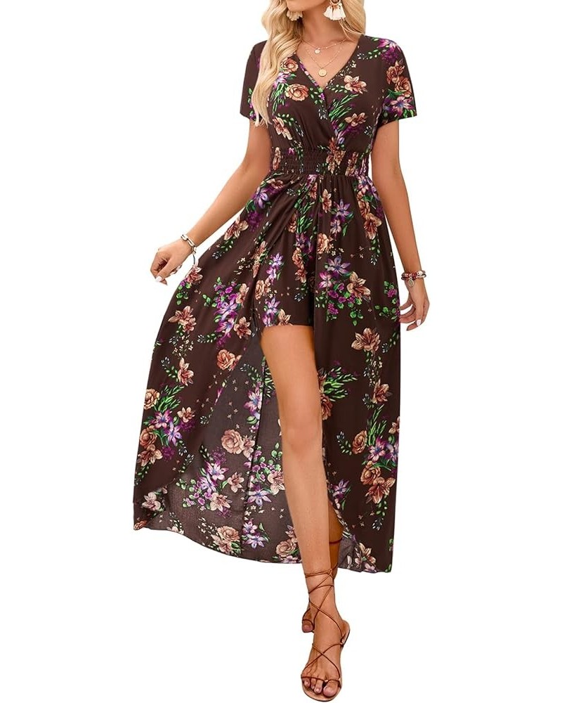 Women's Off Shoulder Floral Rayon Party Split Maxi Romper Dress Long Summer Beach Sundress A-floral Wine Red $23.39 Dresses