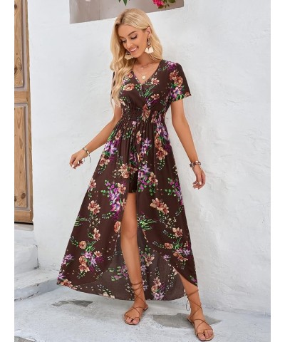 Women's Off Shoulder Floral Rayon Party Split Maxi Romper Dress Long Summer Beach Sundress A-floral Wine Red $23.39 Dresses