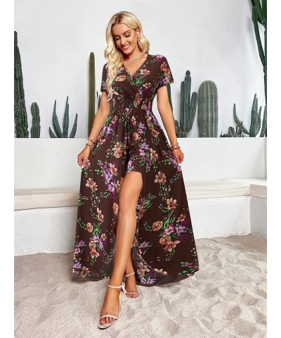 Women's Off Shoulder Floral Rayon Party Split Maxi Romper Dress Long Summer Beach Sundress A-floral Wine Red $23.39 Dresses