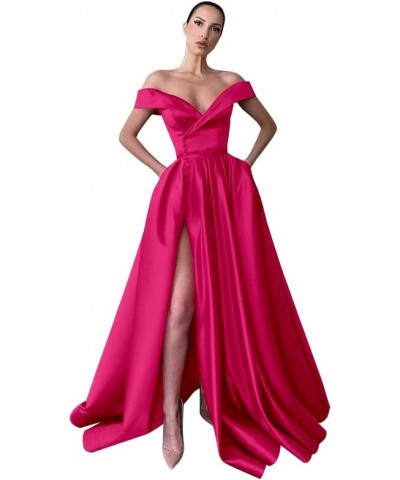 Women's Off The Shoulder Prom Dresses Long Ball Gowns Backless Slit Formal Evening Party Dress with Pockets Hot Pink $36.00 D...