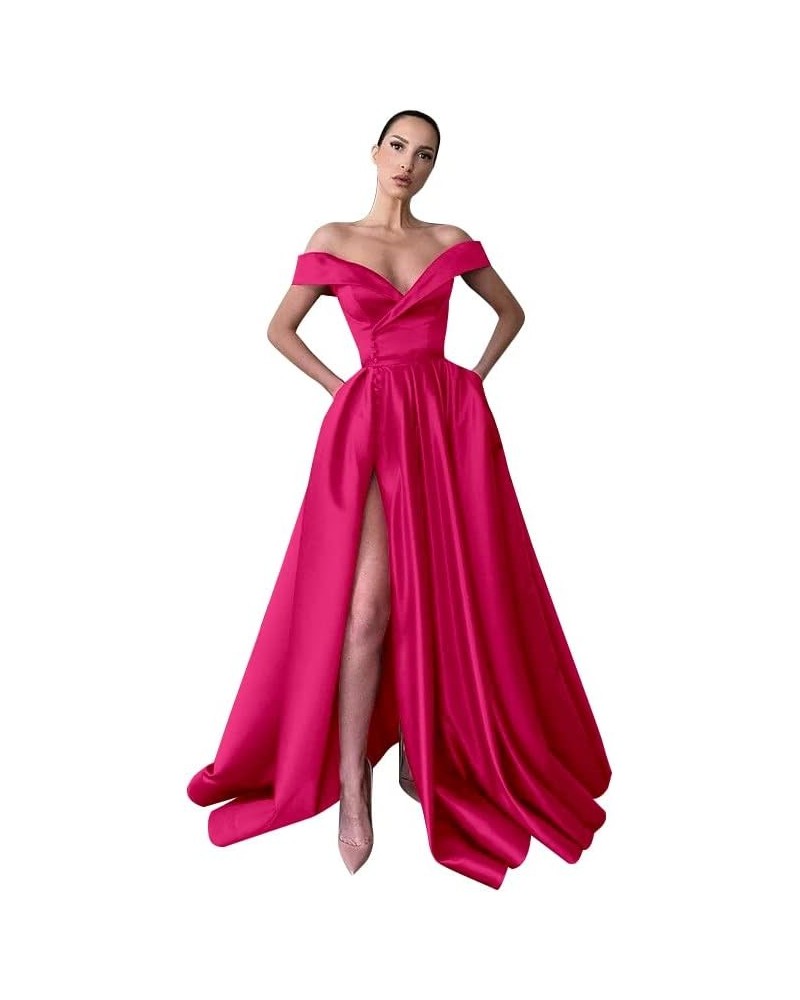 Women's Off The Shoulder Prom Dresses Long Ball Gowns Backless Slit Formal Evening Party Dress with Pockets Hot Pink $36.00 D...