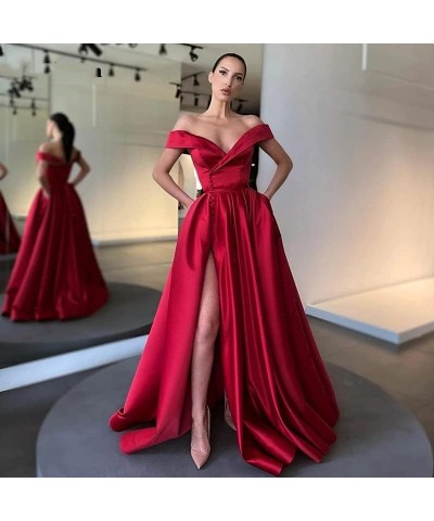 Women's Off The Shoulder Prom Dresses Long Ball Gowns Backless Slit Formal Evening Party Dress with Pockets Hot Pink $36.00 D...