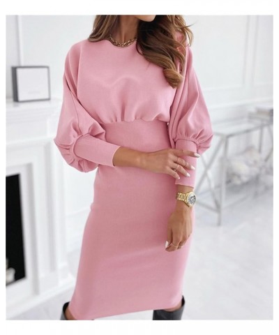 Womens Bodycon Pencil Dress Lantern Long Sleeve Elastic High Wasit Formal Midi Dress Elegant Business Office Lady Dress Pink ...