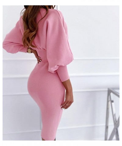 Womens Bodycon Pencil Dress Lantern Long Sleeve Elastic High Wasit Formal Midi Dress Elegant Business Office Lady Dress Pink ...