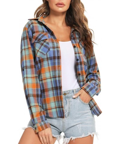 Womens Plaid Flannel Shirts Casual Roll up Long Sleeve Boyfriend Button Down Checkered Shirt Blueorangegreen $9.96 Tops