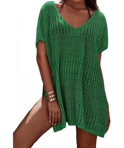 Women's Short Sleeve Cover Up Hollow Out Crochet Cover Up Dress Green Solid $16.45 Swimsuits