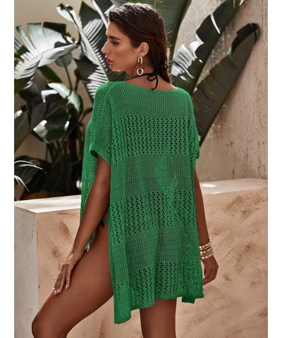 Women's Short Sleeve Cover Up Hollow Out Crochet Cover Up Dress Green Solid $16.45 Swimsuits