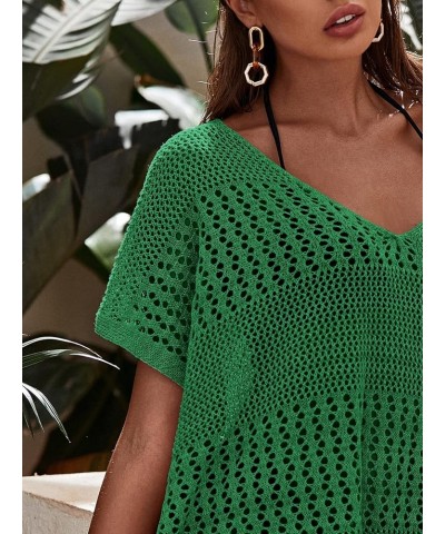 Women's Short Sleeve Cover Up Hollow Out Crochet Cover Up Dress Green Solid $16.45 Swimsuits