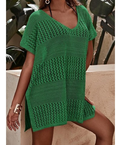 Women's Short Sleeve Cover Up Hollow Out Crochet Cover Up Dress Green Solid $16.45 Swimsuits