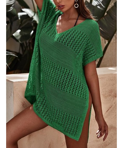 Women's Short Sleeve Cover Up Hollow Out Crochet Cover Up Dress Green Solid $16.45 Swimsuits