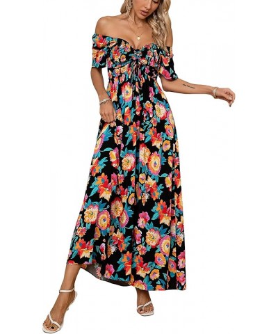 Women's Summer Off Shoulder Casual Boho Floral V Neck Drawstring Short Sleeve Party Smocked Long Maxi Dress Black/Multi-color...