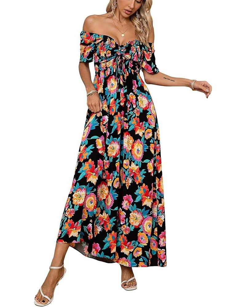 Women's Summer Off Shoulder Casual Boho Floral V Neck Drawstring Short Sleeve Party Smocked Long Maxi Dress Black/Multi-color...