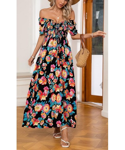 Women's Summer Off Shoulder Casual Boho Floral V Neck Drawstring Short Sleeve Party Smocked Long Maxi Dress Black/Multi-color...