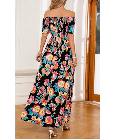 Women's Summer Off Shoulder Casual Boho Floral V Neck Drawstring Short Sleeve Party Smocked Long Maxi Dress Black/Multi-color...