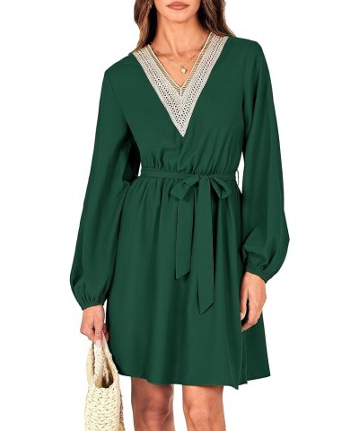 Women's 2024 Casual Fall Dress Long Sleeve Lace Trim V Neck Belted Short A Line Flowy Dress Dark Green $10.79 Dresses