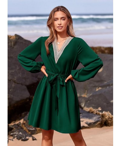 Women's 2024 Casual Fall Dress Long Sleeve Lace Trim V Neck Belted Short A Line Flowy Dress Dark Green $10.79 Dresses