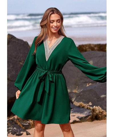 Women's 2024 Casual Fall Dress Long Sleeve Lace Trim V Neck Belted Short A Line Flowy Dress Dark Green $10.79 Dresses