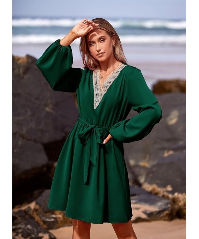 Women's 2024 Casual Fall Dress Long Sleeve Lace Trim V Neck Belted Short A Line Flowy Dress Dark Green $10.79 Dresses