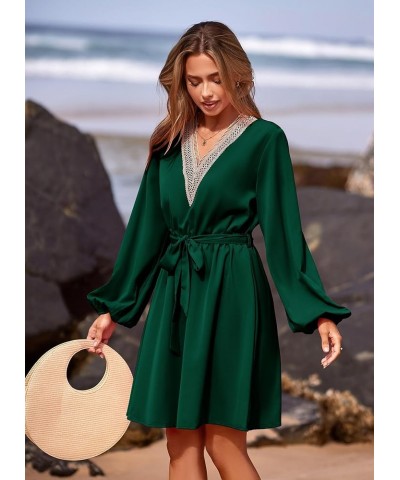 Women's 2024 Casual Fall Dress Long Sleeve Lace Trim V Neck Belted Short A Line Flowy Dress Dark Green $10.79 Dresses