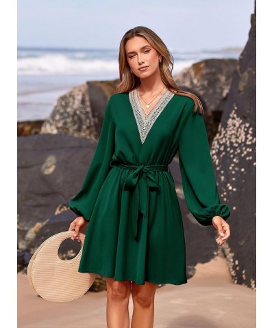 Women's 2024 Casual Fall Dress Long Sleeve Lace Trim V Neck Belted Short A Line Flowy Dress Dark Green $10.79 Dresses