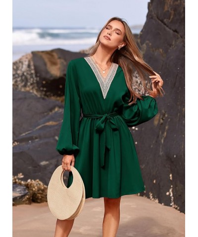 Women's 2024 Casual Fall Dress Long Sleeve Lace Trim V Neck Belted Short A Line Flowy Dress Dark Green $10.79 Dresses