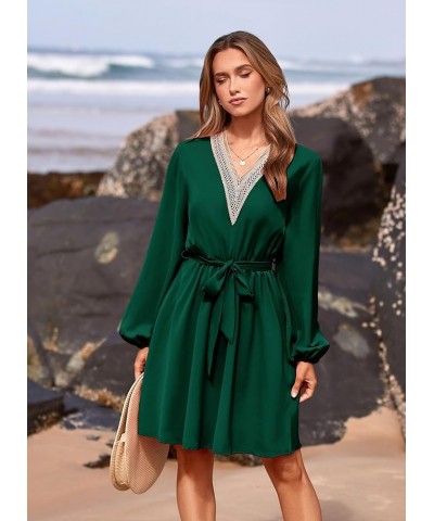 Women's 2024 Casual Fall Dress Long Sleeve Lace Trim V Neck Belted Short A Line Flowy Dress Dark Green $10.79 Dresses