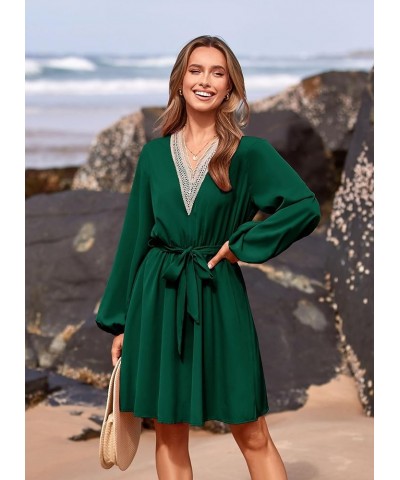 Women's 2024 Casual Fall Dress Long Sleeve Lace Trim V Neck Belted Short A Line Flowy Dress Dark Green $10.79 Dresses