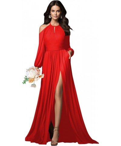 Halter Long Sleeve Bridesmaid Dresses with Slit Pockets Cold Shoulder Pleated Chiffon Formal Prom Dress Evening Gown Red $30....