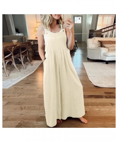 Women Wide Leg Overalls Summer Sleeveless Jumpsuits Loose Solid Color Suspender Comfy Baggy Button Rompers with Pockets Z1 Be...