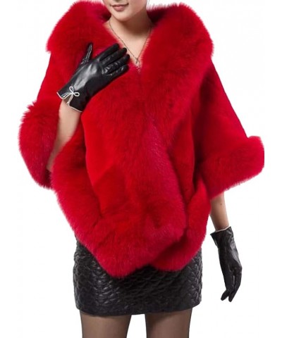 Helan Women's Faux Fur Warm Luxury Cape Coat Cloak Shawl Fur Wrap Bridal Stoles Wedding Fur Collar Shawl Red $29.39 Coats