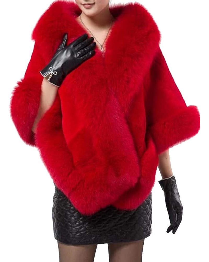 Helan Women's Faux Fur Warm Luxury Cape Coat Cloak Shawl Fur Wrap Bridal Stoles Wedding Fur Collar Shawl Red $29.39 Coats