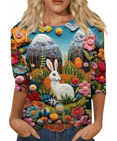 Easter Shirts for Women Tops for Women 2024 Happy Easter Egg Tee Cute Funny Bunny Print Trendy Casual 3/4 Sleeve Tops 01-blue...