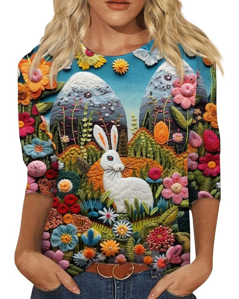 Easter Shirts for Women Tops for Women 2024 Happy Easter Egg Tee Cute Funny Bunny Print Trendy Casual 3/4 Sleeve Tops 01-blue...