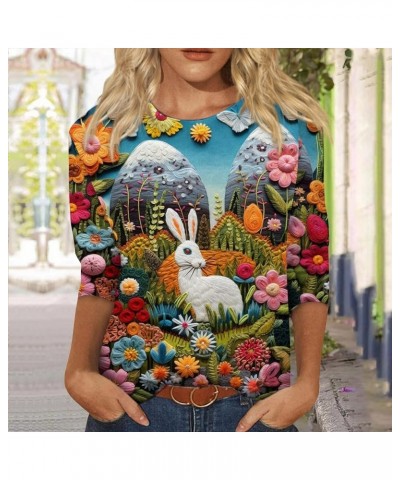 Easter Shirts for Women Tops for Women 2024 Happy Easter Egg Tee Cute Funny Bunny Print Trendy Casual 3/4 Sleeve Tops 01-blue...