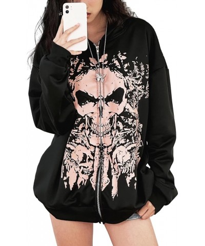 Unisex Men Women Halloween Hoodie Graphic Zip Up Sweatshirt Y2K Oversized Long Sleeve Rhinestone Skeleton Jacket Pink Skull P...