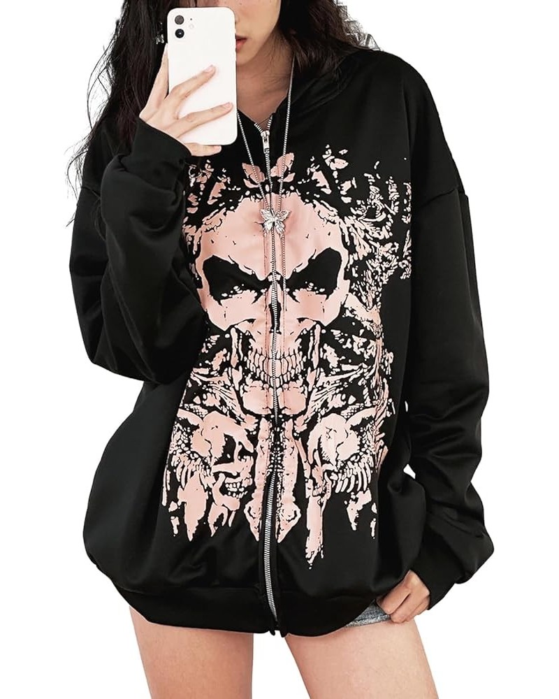 Unisex Men Women Halloween Hoodie Graphic Zip Up Sweatshirt Y2K Oversized Long Sleeve Rhinestone Skeleton Jacket Pink Skull P...