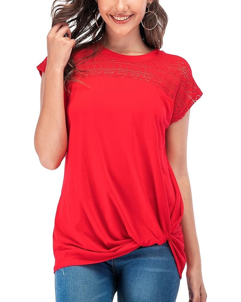 Womens Casual Short Sleeve Lace T Shirts Loose Twist Knot Front Blouse Tops Red $16.79 Blouses