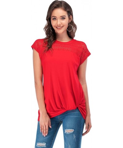 Womens Casual Short Sleeve Lace T Shirts Loose Twist Knot Front Blouse Tops Red $16.79 Blouses