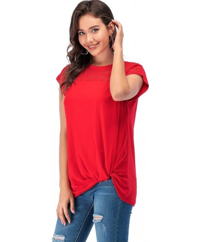 Womens Casual Short Sleeve Lace T Shirts Loose Twist Knot Front Blouse Tops Red $16.79 Blouses