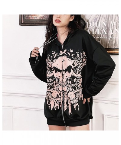 Unisex Men Women Halloween Hoodie Graphic Zip Up Sweatshirt Y2K Oversized Long Sleeve Rhinestone Skeleton Jacket Pink Skull P...