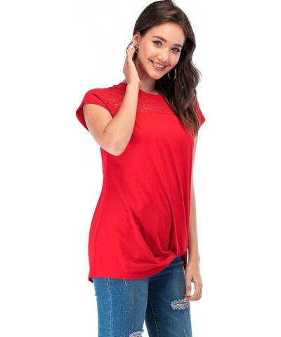 Womens Casual Short Sleeve Lace T Shirts Loose Twist Knot Front Blouse Tops Red $16.79 Blouses