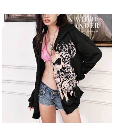 Unisex Men Women Halloween Hoodie Graphic Zip Up Sweatshirt Y2K Oversized Long Sleeve Rhinestone Skeleton Jacket Pink Skull P...