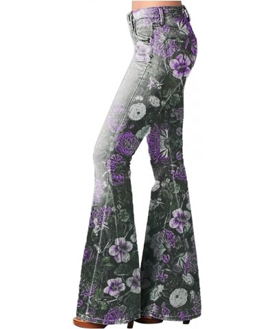 High Waisted Bell Bottom Jeans for Women Retro Floral Zipper Slim Wide Leg Bootcut Denim Pants Pull On Flare Jeans Purple $14...