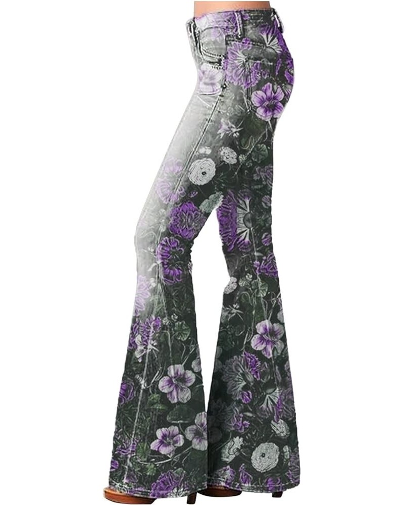 High Waisted Bell Bottom Jeans for Women Retro Floral Zipper Slim Wide Leg Bootcut Denim Pants Pull On Flare Jeans Purple $14...